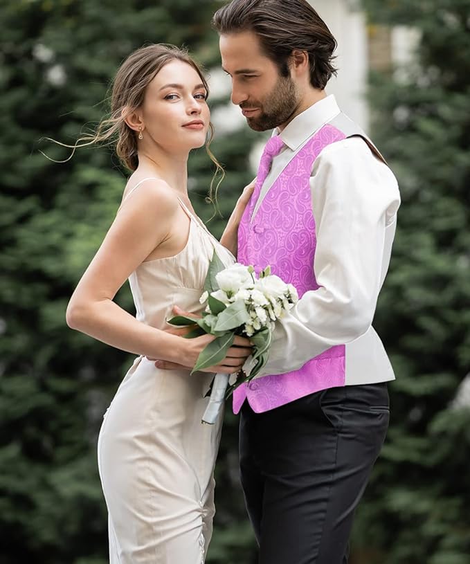 Paisley Vest Set with White Back (Vest, Bow Tie, Necktie and Pocket Square) by Vittorio Farina: Aqua, Blush, Hot Pink, Ivory, Lavender, and Mint (vest_paisley_WB_lavender_XS) for Independent Retail Stores by Dubal Brothers