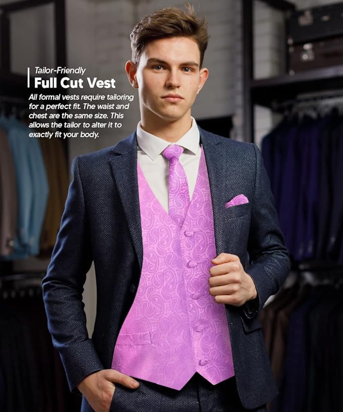 Paisley Vest Set with White Back (Vest, Bow Tie, Necktie and Pocket Square) by Vittorio Farina: Aqua, Blush, Hot Pink, Ivory, Lavender, and Mint (vest_paisley_WB_lavender_XS) for Independent Retail Stores by Dubal Brothers