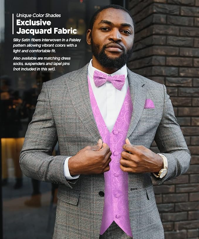 Paisley Vest Set with White Back (Vest, Bow Tie, Necktie and Pocket Square) by Vittorio Farina: Aqua, Blush, Hot Pink, Ivory, Lavender, and Mint (vest_paisley_WB_lavender_XS) for Independent Retail Stores by Dubal Brothers