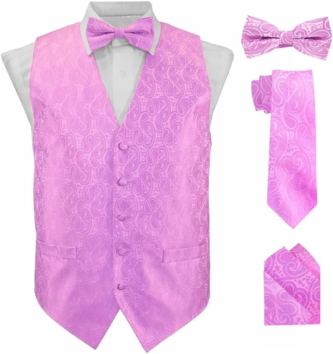 Paisley Vest Set with White Back (Vest, Bow Tie, Necktie and Pocket Square) by Vittorio Farina: Aqua, Blush, Hot Pink, Ivory, Lavender, and Mint (vest_paisley_WB_lavender_XS) for Independent Retail Stores by Dubal Brothers
