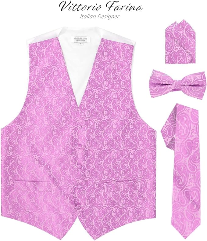 Paisley Vest Set with White Back (Vest, Bow Tie, Necktie and Pocket Square) by Vittorio Farina: Aqua, Blush, Hot Pink, Ivory, Lavender, and Mint (vest_paisley_WB_lavender_XS) for Independent Retail Stores by Dubal Brothers
