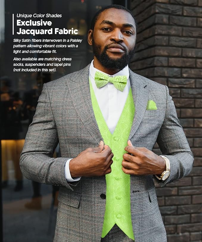 Paisley Vest Set with White Back (Vest, Bow Tie, Necktie and Pocket Square) by Vittorio Farina: Aqua, Blush, Hot Pink, Ivory, Lavender, and Mint (vest_paisley_WB_mint_XS) for Independent Retail Stores by Dubal Brothers