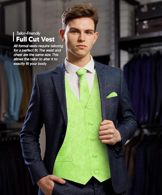 Paisley Vest Set with White Back (Vest, Bow Tie, Necktie and Pocket Square) by Vittorio Farina: Aqua, Blush, Hot Pink, Ivory, Lavender, and Mint (vest_paisley_WB_mint_XS) for Independent Retail Stores by Dubal Brothers