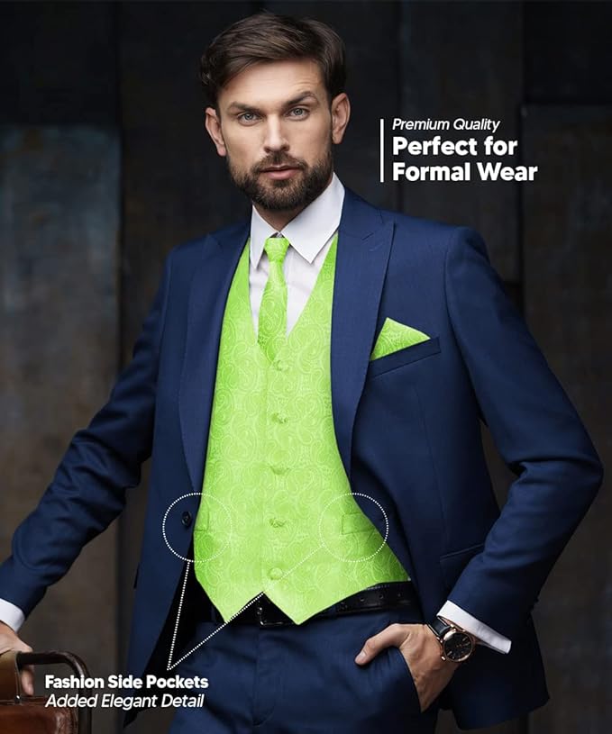 Paisley Vest Set with White Back (Vest, Bow Tie, Necktie and Pocket Square) by Vittorio Farina: Aqua, Blush, Hot Pink, Ivory, Lavender, and Mint (vest_paisley_WB_mint_XS) for Independent Retail Stores by Dubal Brothers