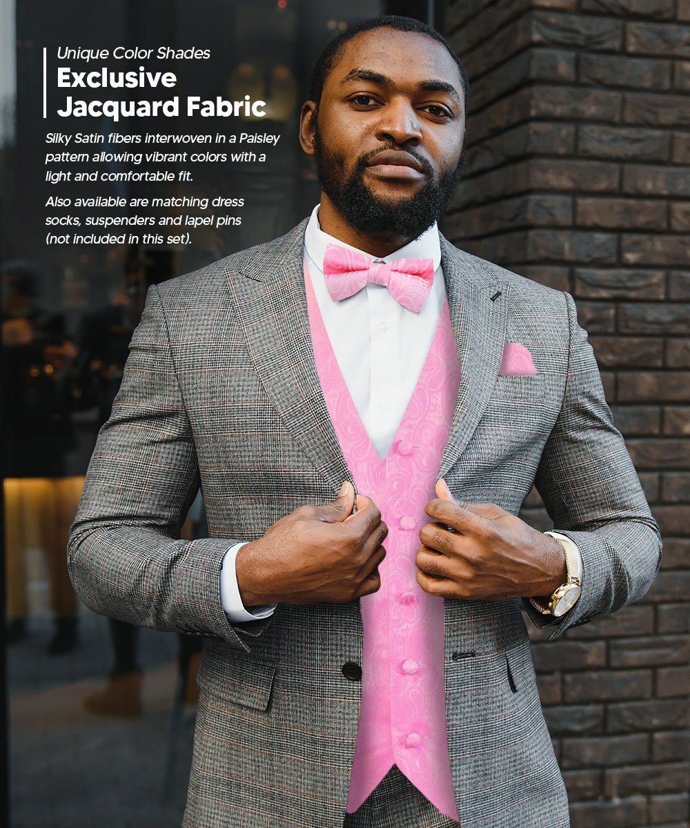 Paisley Vest Set with White Back (Vest, Bow Tie, Necktie and Pocket Square) by Vittorio Farina: Pink, Silver, Sky Blue, Turquoise, White and Yellow (vest_paisley_WB_pink_XS) for Independent Retail Stores by Dubal Brothers