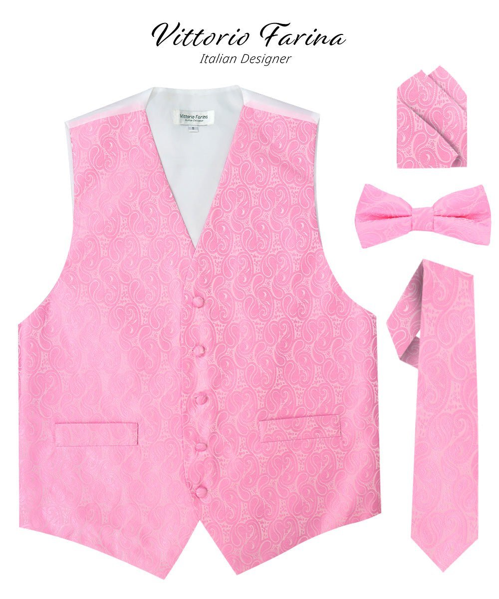 Paisley Vest Set with White Back (Vest, Bow Tie, Necktie and Pocket Square) by Vittorio Farina: Pink, Silver, Sky Blue, Turquoise, White and Yellow (vest_paisley_WB_pink_XS) for Independent Retail Stores by Dubal Brothers