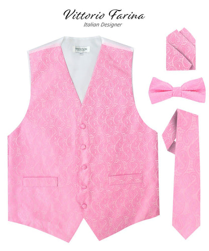 Paisley Vest Set with White Back (Vest, Bow Tie, Necktie and Pocket Square) by Vittorio Farina: Pink, Silver, Sky Blue, Turquoise, White and Yellow (vest_paisley_WB_pink_XS) for Independent Retail Stores by Dubal Brothers