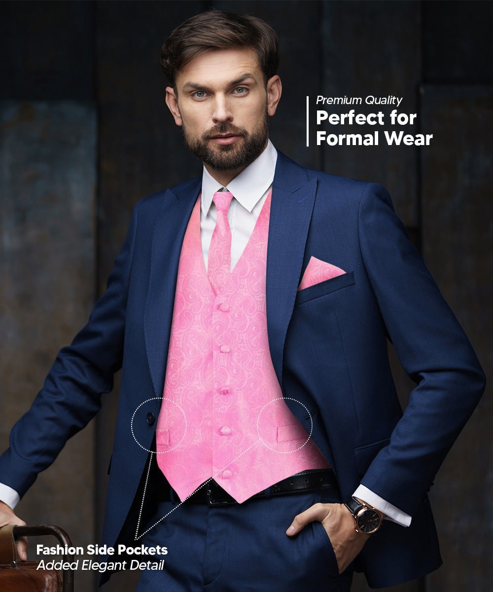 Paisley Vest Set with White Back (Vest, Bow Tie, Necktie and Pocket Square) by Vittorio Farina: Pink, Silver, Sky Blue, Turquoise, White and Yellow (vest_paisley_WB_pink_XS) for Independent Retail Stores by Dubal Brothers