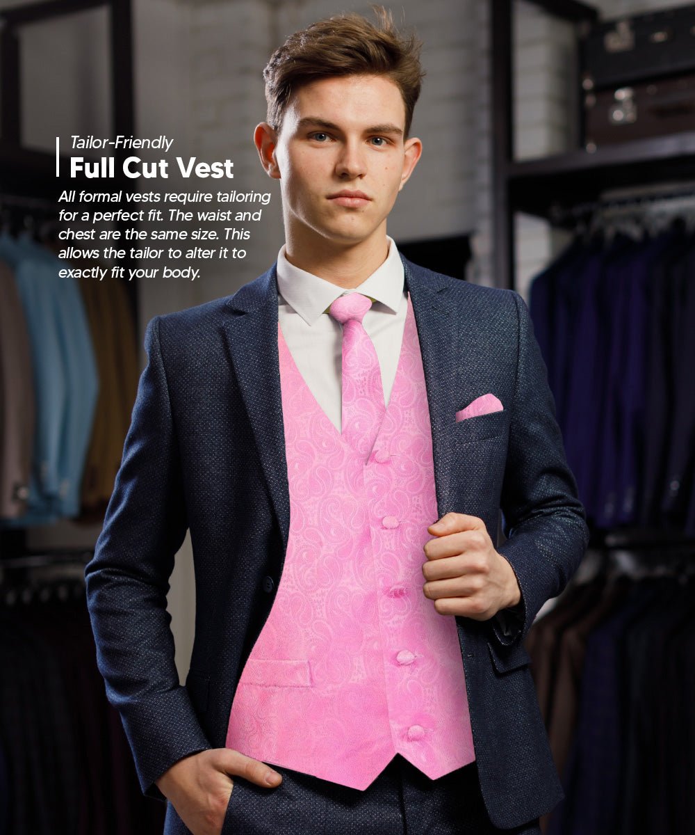 Paisley Vest Set with White Back (Vest, Bow Tie, Necktie and Pocket Square) by Vittorio Farina: Pink, Silver, Sky Blue, Turquoise, White and Yellow (vest_paisley_WB_pink_XS) for Independent Retail Stores by Dubal Brothers