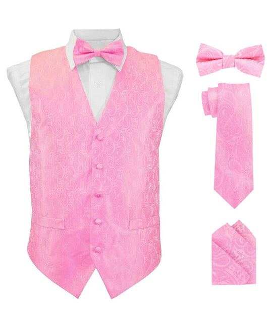 Paisley Vest Set with White Back (Vest, Bow Tie, Necktie and Pocket Square) by Vittorio Farina: Pink, Silver, Sky Blue, Turquoise, White and Yellow (vest_paisley_WB_pink_XS) for Independent Retail Stores by Dubal Brothers