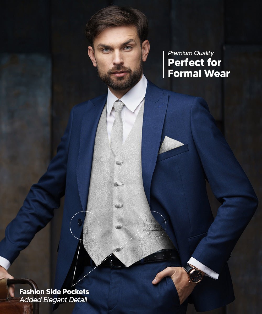 Paisley Vest Set with White Back (Vest, Bow Tie, Necktie and Pocket Square) by Vittorio Farina: Pink, Silver, Sky Blue, Turquoise, White and Yellow (vest_paisley_WB_silver_XS) for Independent Retail Stores by Dubal Brothers