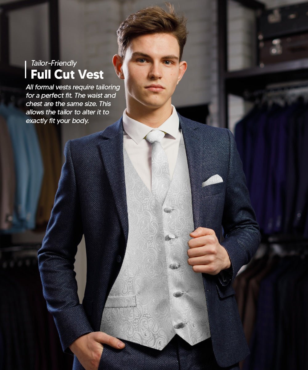 Paisley Vest Set with White Back (Vest, Bow Tie, Necktie and Pocket Square) by Vittorio Farina: Pink, Silver, Sky Blue, Turquoise, White and Yellow (vest_paisley_WB_silver_XS) for Independent Retail Stores by Dubal Brothers
