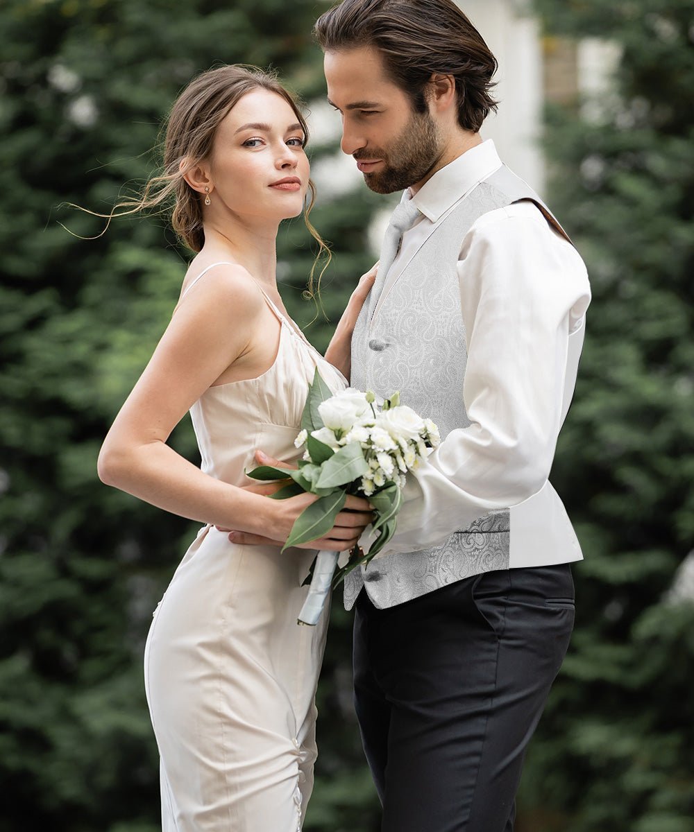 Paisley Vest Set with White Back (Vest, Bow Tie, Necktie and Pocket Square) by Vittorio Farina: Pink, Silver, Sky Blue, Turquoise, White and Yellow (vest_paisley_WB_silver_XS) for Independent Retail Stores by Dubal Brothers