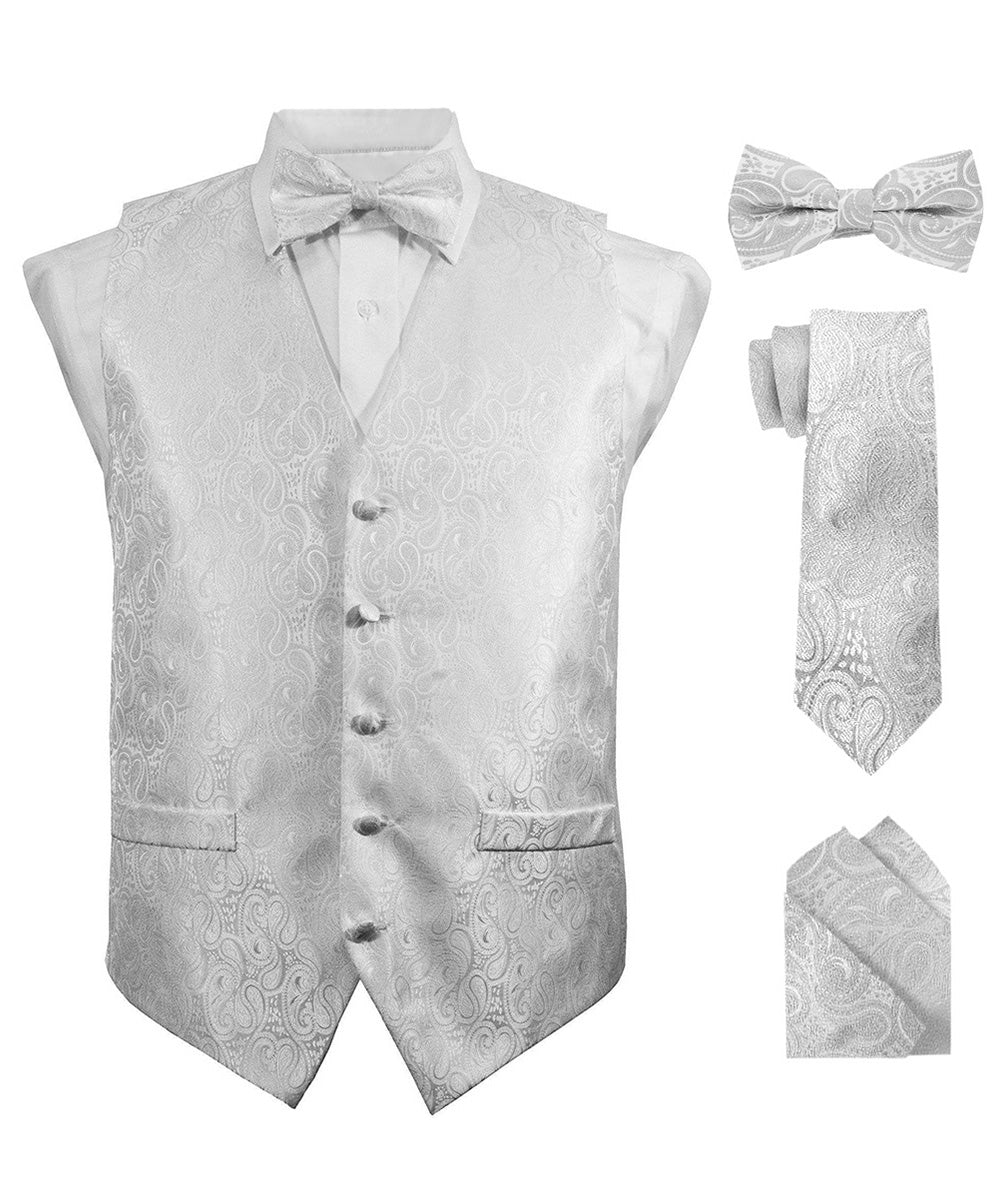 Paisley Vest Set with White Back (Vest, Bow Tie, Necktie and Pocket Square) by Vittorio Farina: Pink, Silver, Sky Blue, Turquoise, White and Yellow (vest_paisley_WB_silver_XS) for Independent Retail Stores by Dubal Brothers