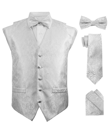Paisley Vest Set with White Back (Vest, Bow Tie, Necktie and Pocket Square) by Vittorio Farina: Pink, Silver, Sky Blue, Turquoise, White and Yellow (vest_paisley_WB_silver_XS) for Independent Retail Stores by Dubal Brothers