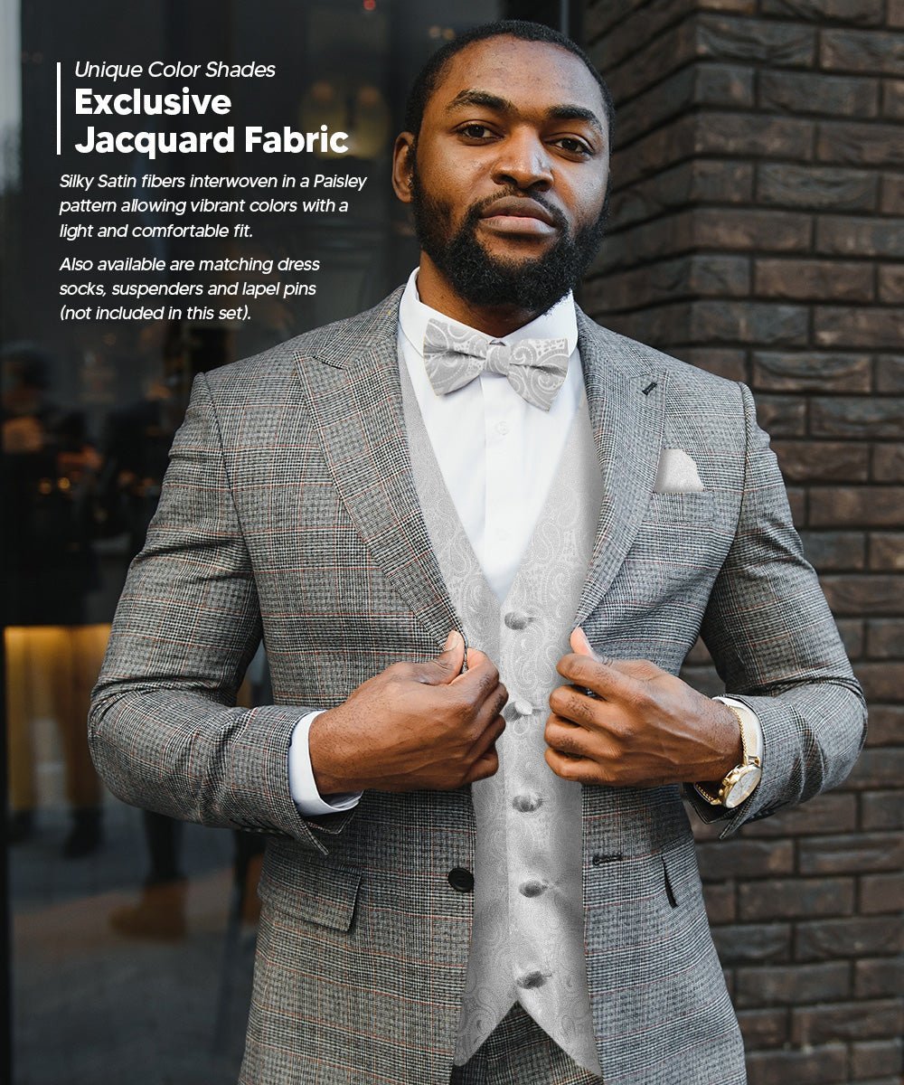 Paisley Vest Set with White Back (Vest, Bow Tie, Necktie and Pocket Square) by Vittorio Farina: Pink, Silver, Sky Blue, Turquoise, White and Yellow (vest_paisley_WB_silver_XS) for Independent Retail Stores by Dubal Brothers