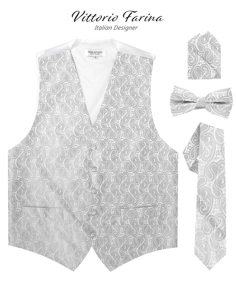Paisley Vest Set with White Back (Vest, Bow Tie, Necktie and Pocket Square) by Vittorio Farina: Pink, Silver, Sky Blue, Turquoise, White and Yellow (vest_paisley_WB_silver_XS) for Independent Retail Stores by Dubal Brothers