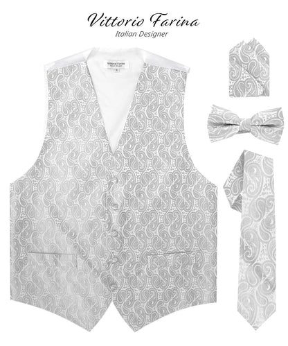 Paisley Vest Set with White Back (Vest, Bow Tie, Necktie and Pocket Square) by Vittorio Farina: Pink, Silver, Sky Blue, Turquoise, White and Yellow (vest_paisley_WB_silver_XS) for Independent Retail Stores by Dubal Brothers