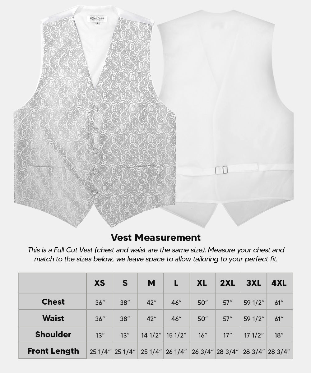Paisley Vest Set with White Back (Vest, Bow Tie, Necktie and Pocket Square) by Vittorio Farina: Pink, Silver, Sky Blue, Turquoise, White and Yellow (vest_paisley_WB_silver_XS) for Independent Retail Stores by Dubal Brothers