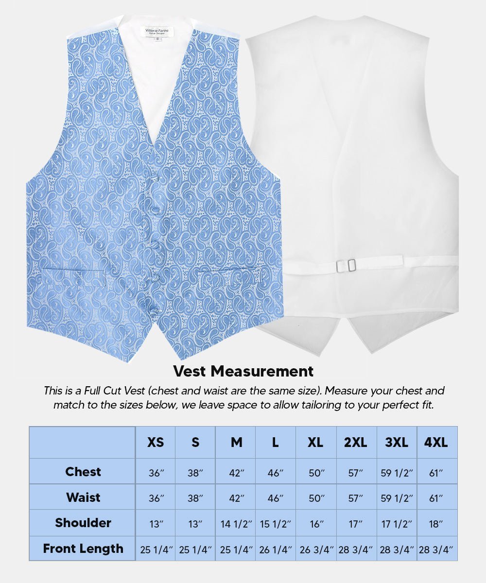 Paisley Vest Set with White Back (Vest, Bow Tie, Necktie and Pocket Square) by Vittorio Farina: Pink, Silver, Sky Blue, Turquoise, White and Yellow (vest_paisley_WB_sky_XS) for Independent Retail Stores by Dubal Brothers