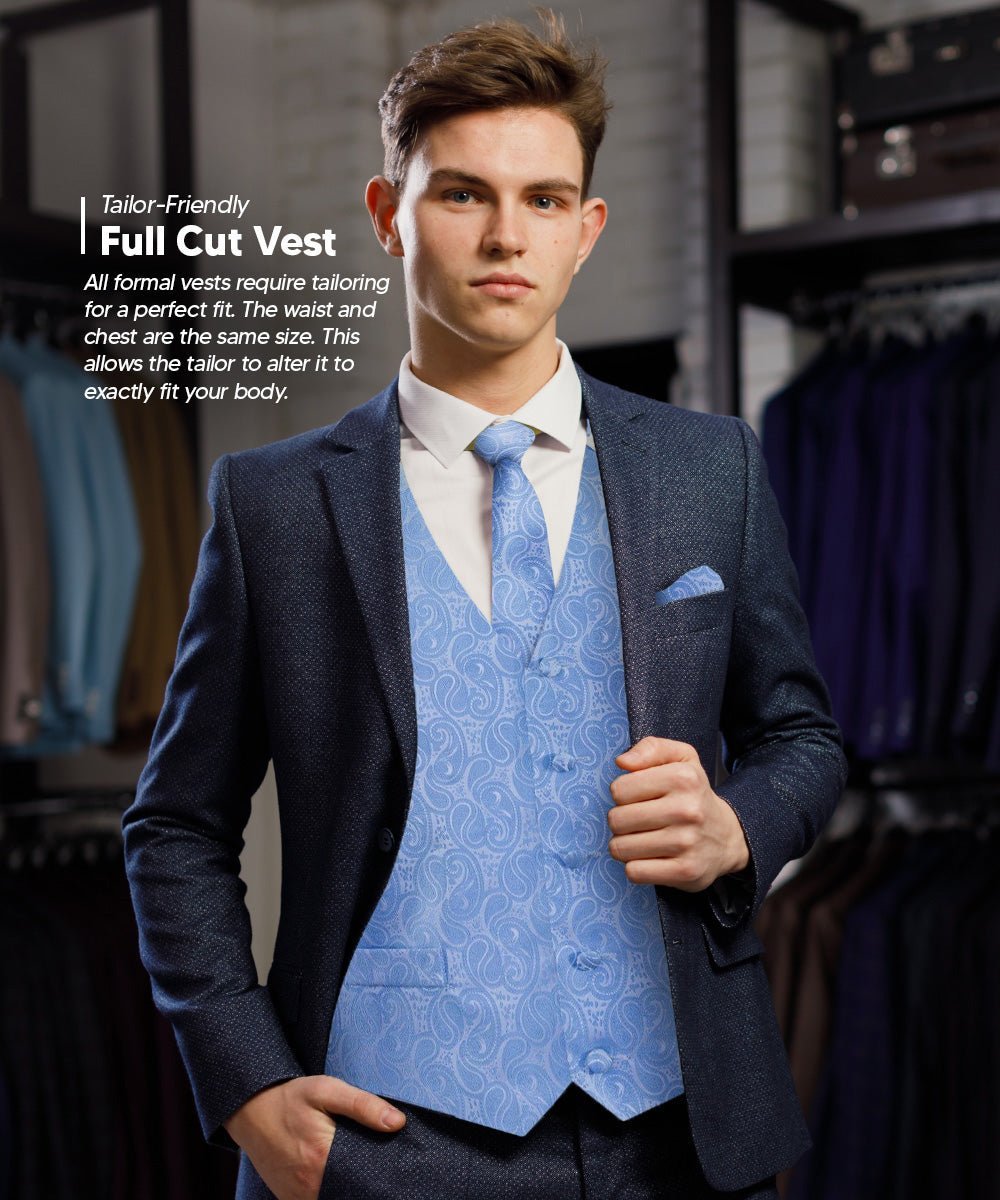 Paisley Vest Set with White Back (Vest, Bow Tie, Necktie and Pocket Square) by Vittorio Farina: Pink, Silver, Sky Blue, Turquoise, White and Yellow (vest_paisley_WB_sky_XS) for Independent Retail Stores by Dubal Brothers