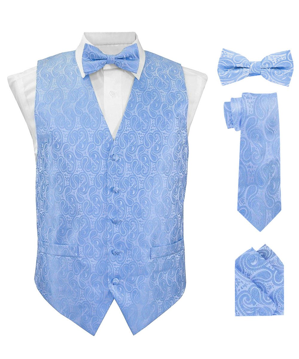 Paisley Vest Set with White Back (Vest, Bow Tie, Necktie and Pocket Square) by Vittorio Farina: Pink, Silver, Sky Blue, Turquoise, White and Yellow (vest_paisley_WB_sky_XS) for Independent Retail Stores by Dubal Brothers