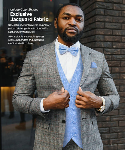 Paisley Vest Set with White Back (Vest, Bow Tie, Necktie and Pocket Square) by Vittorio Farina: Pink, Silver, Sky Blue, Turquoise, White and Yellow (vest_paisley_WB_sky_XS) for Independent Retail Stores by Dubal Brothers