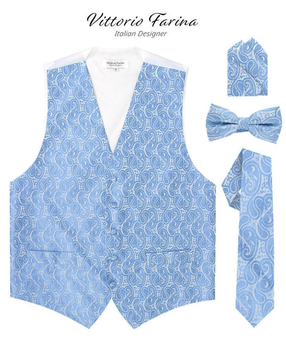 Paisley Vest Set with White Back (Vest, Bow Tie, Necktie and Pocket Square) by Vittorio Farina: Pink, Silver, Sky Blue, Turquoise, White and Yellow (vest_paisley_WB_sky_XS) for Independent Retail Stores by Dubal Brothers