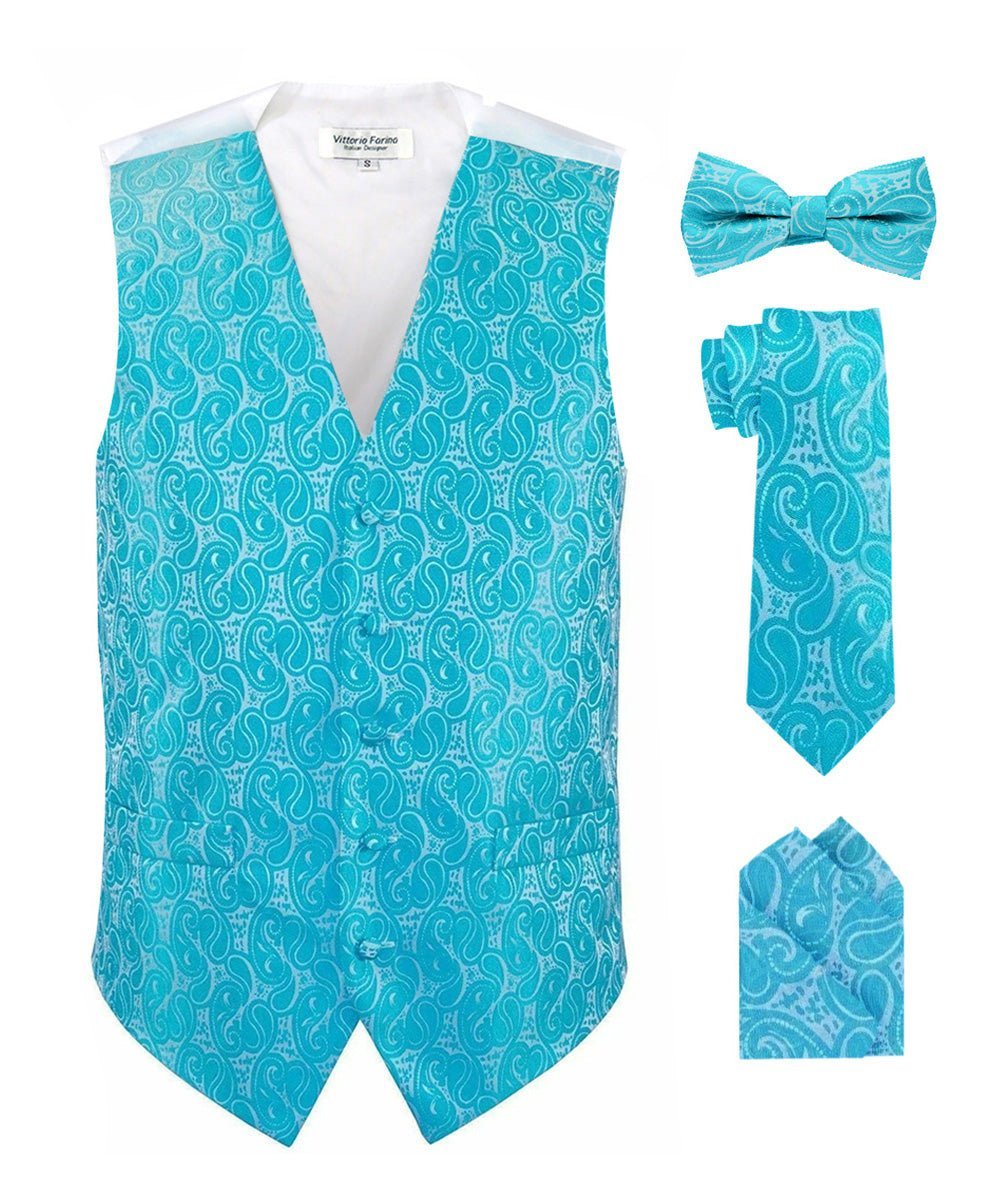 Paisley Vest Set with White Back (Vest, Bow Tie, Necktie and Pocket Square) by Vittorio Farina: Pink, Silver, Sky Blue, Turquoise, White and Yellow (vest_paisley_WB_turquoise_XS) for Independent Retail Stores by Dubal Brothers