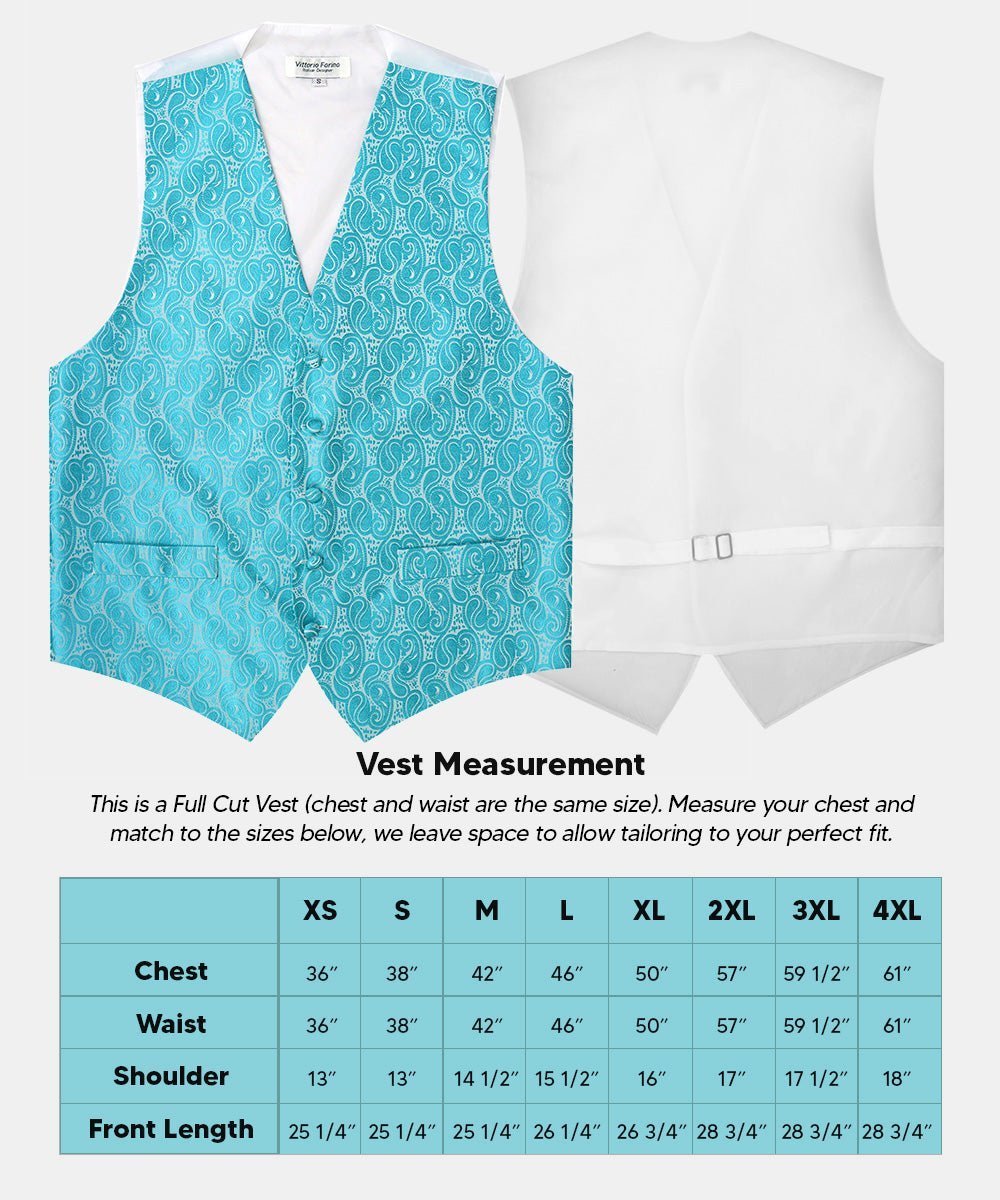 Paisley Vest Set with White Back (Vest, Bow Tie, Necktie and Pocket Square) by Vittorio Farina: Pink, Silver, Sky Blue, Turquoise, White and Yellow (vest_paisley_WB_turquoise_XS) for Independent Retail Stores by Dubal Brothers