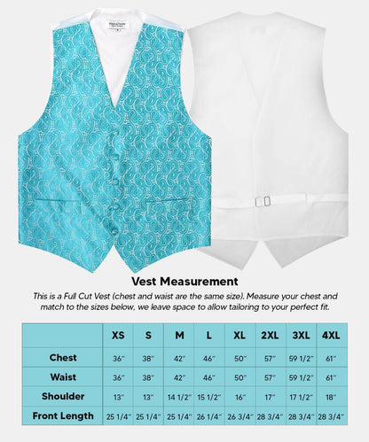 Paisley Vest Set with White Back (Vest, Bow Tie, Necktie and Pocket Square) by Vittorio Farina: Pink, Silver, Sky Blue, Turquoise, White and Yellow (vest_paisley_WB_turquoise_XS) for Independent Retail Stores by Dubal Brothers