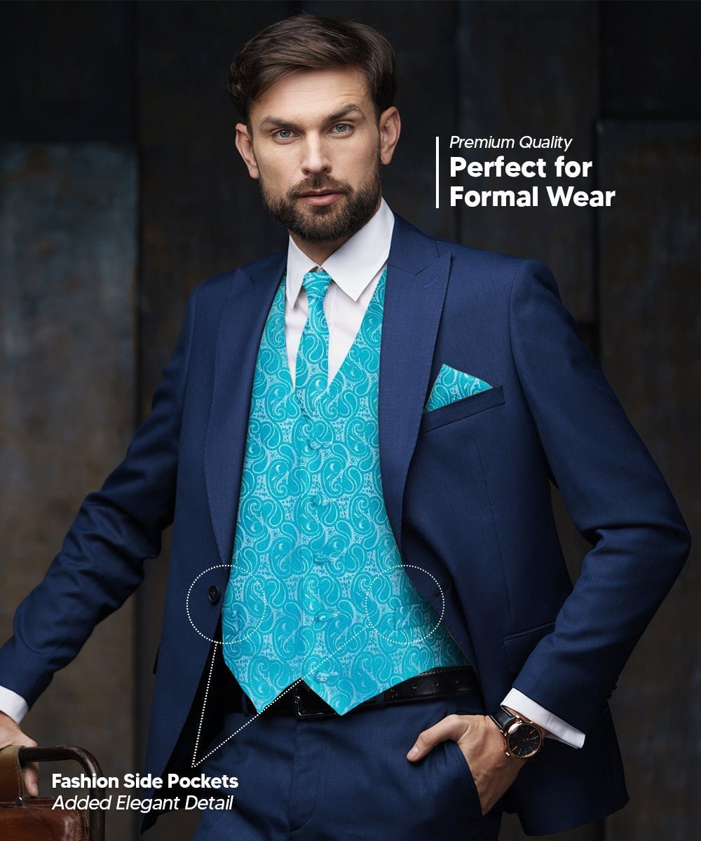 Paisley Vest Set with White Back (Vest, Bow Tie, Necktie and Pocket Square) by Vittorio Farina: Pink, Silver, Sky Blue, Turquoise, White and Yellow (vest_paisley_WB_turquoise_XS) for Independent Retail Stores by Dubal Brothers
