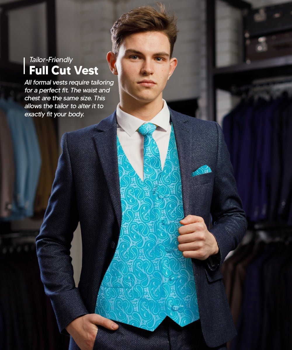 Paisley Vest Set with White Back (Vest, Bow Tie, Necktie and Pocket Square) by Vittorio Farina: Pink, Silver, Sky Blue, Turquoise, White and Yellow (vest_paisley_WB_turquoise_XS) for Independent Retail Stores by Dubal Brothers