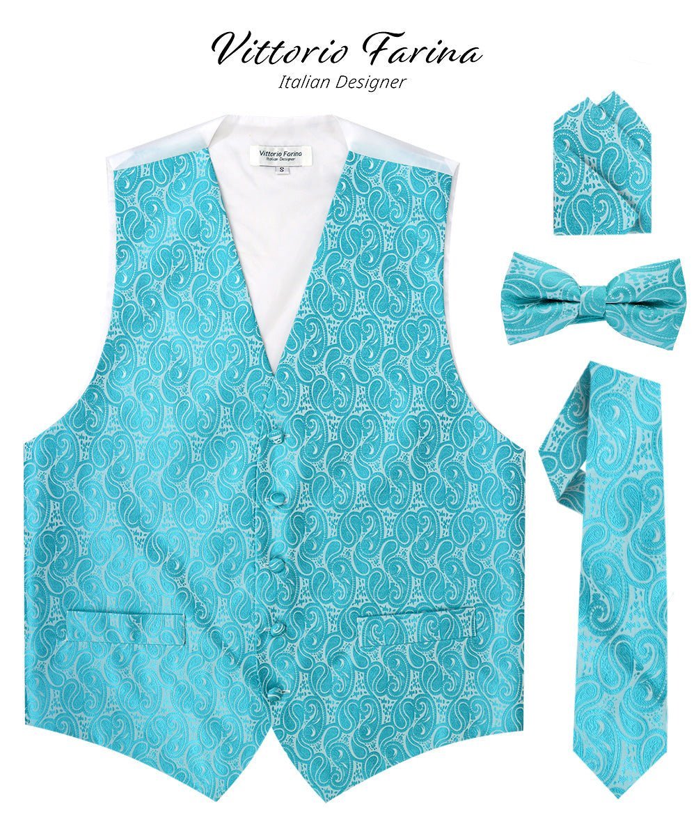 Paisley Vest Set with White Back (Vest, Bow Tie, Necktie and Pocket Square) by Vittorio Farina: Pink, Silver, Sky Blue, Turquoise, White and Yellow (vest_paisley_WB_turquoise_XS) for Independent Retail Stores by Dubal Brothers