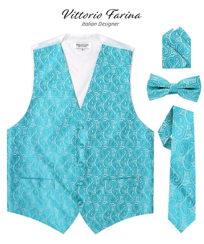 Paisley Vest Set with White Back (Vest, Bow Tie, Necktie and Pocket Square) by Vittorio Farina: Pink, Silver, Sky Blue, Turquoise, White and Yellow (vest_paisley_WB_turquoise_XS) for Independent Retail Stores by Dubal Brothers