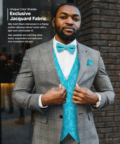 Paisley Vest Set with White Back (Vest, Bow Tie, Necktie and Pocket Square) by Vittorio Farina: Pink, Silver, Sky Blue, Turquoise, White and Yellow (vest_paisley_WB_turquoise_XS) for Independent Retail Stores by Dubal Brothers