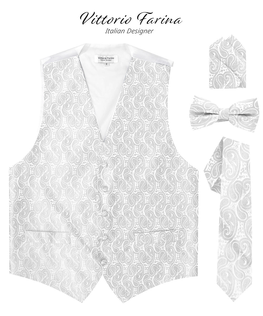 Paisley Vest Set with White Back (Vest, Bow Tie, Necktie and Pocket Square) by Vittorio Farina: Pink, Silver, Sky Blue, Turquoise, White and Yellow (vest_paisley_WB_white_XS) for Independent Retail Stores by Dubal Brothers