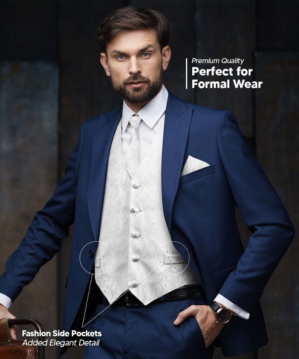 Paisley Vest Set with White Back (Vest, Bow Tie, Necktie and Pocket Square) by Vittorio Farina: Pink, Silver, Sky Blue, Turquoise, White and Yellow (vest_paisley_WB_white_XS) for Independent Retail Stores by Dubal Brothers