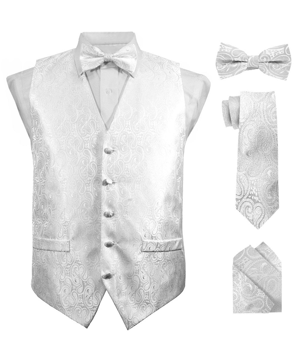 Paisley Vest Set with White Back (Vest, Bow Tie, Necktie and Pocket Square) by Vittorio Farina: Pink, Silver, Sky Blue, Turquoise, White and Yellow (vest_paisley_WB_white_XS) for Independent Retail Stores by Dubal Brothers