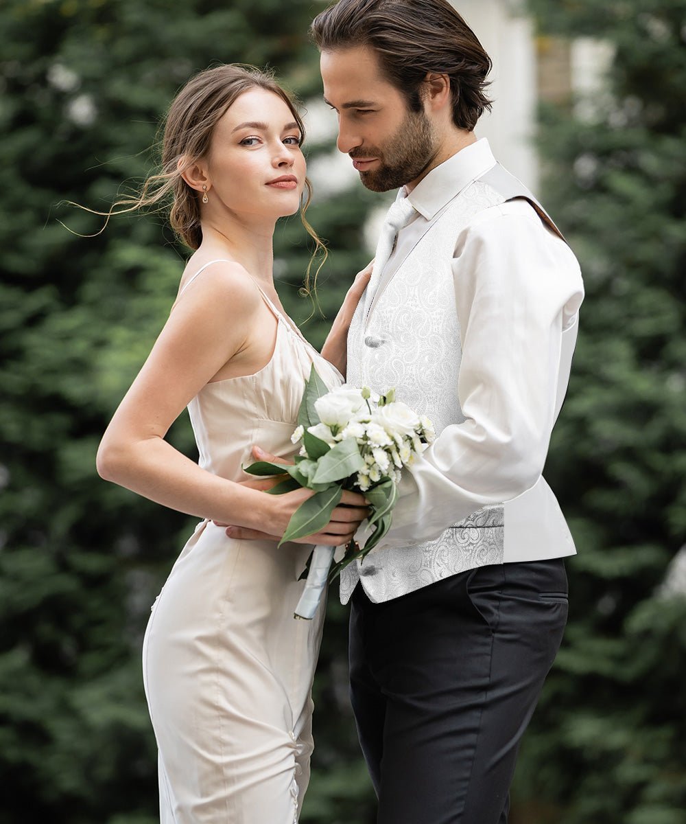 Paisley Vest Set with White Back (Vest, Bow Tie, Necktie and Pocket Square) by Vittorio Farina: Pink, Silver, Sky Blue, Turquoise, White and Yellow (vest_paisley_WB_white_XS) for Independent Retail Stores by Dubal Brothers