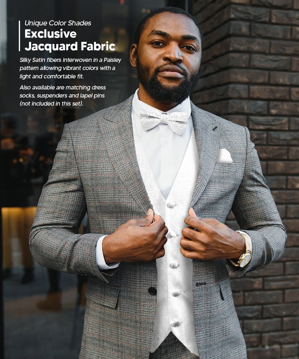 Paisley Vest Set with White Back (Vest, Bow Tie, Necktie and Pocket Square) by Vittorio Farina: Pink, Silver, Sky Blue, Turquoise, White and Yellow (vest_paisley_WB_white_XS) for Independent Retail Stores by Dubal Brothers