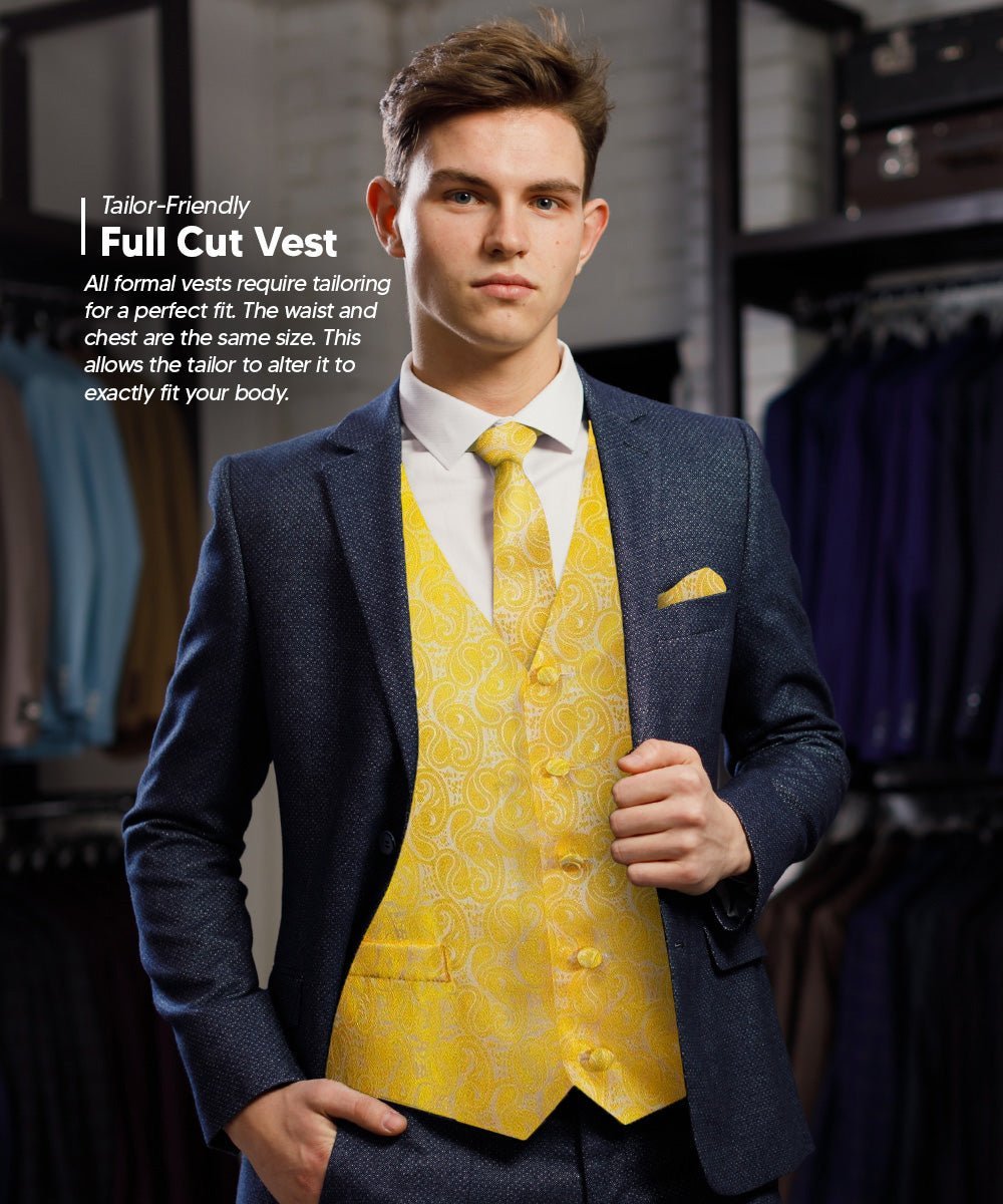 Paisley Vest Set with White Back (Vest, Bow Tie, Necktie and Pocket Square) by Vittorio Farina: Pink, Silver, Sky Blue, Turquoise, White and Yellow (vest_paisley_WB_yellow_XS) for Independent Retail Stores by Dubal Brothers