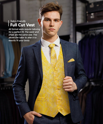 Paisley Vest Set with White Back (Vest, Bow Tie, Necktie and Pocket Square) by Vittorio Farina: Pink, Silver, Sky Blue, Turquoise, White and Yellow (vest_paisley_WB_yellow_XS) for Independent Retail Stores by Dubal Brothers