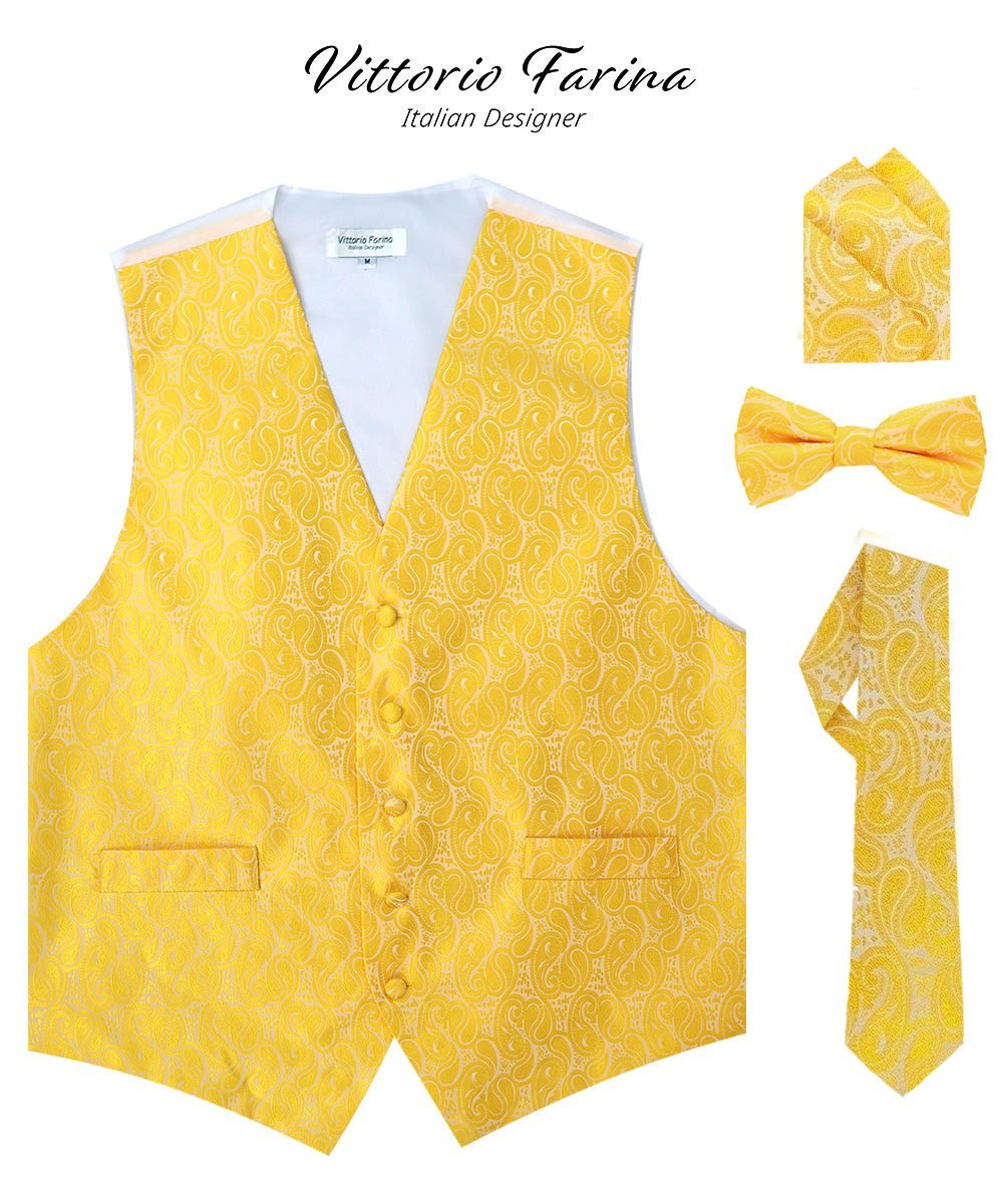 Paisley Vest Set with White Back (Vest, Bow Tie, Necktie and Pocket Square) by Vittorio Farina: Pink, Silver, Sky Blue, Turquoise, White and Yellow (vest_paisley_WB_yellow_XS) for Independent Retail Stores by Dubal Brothers