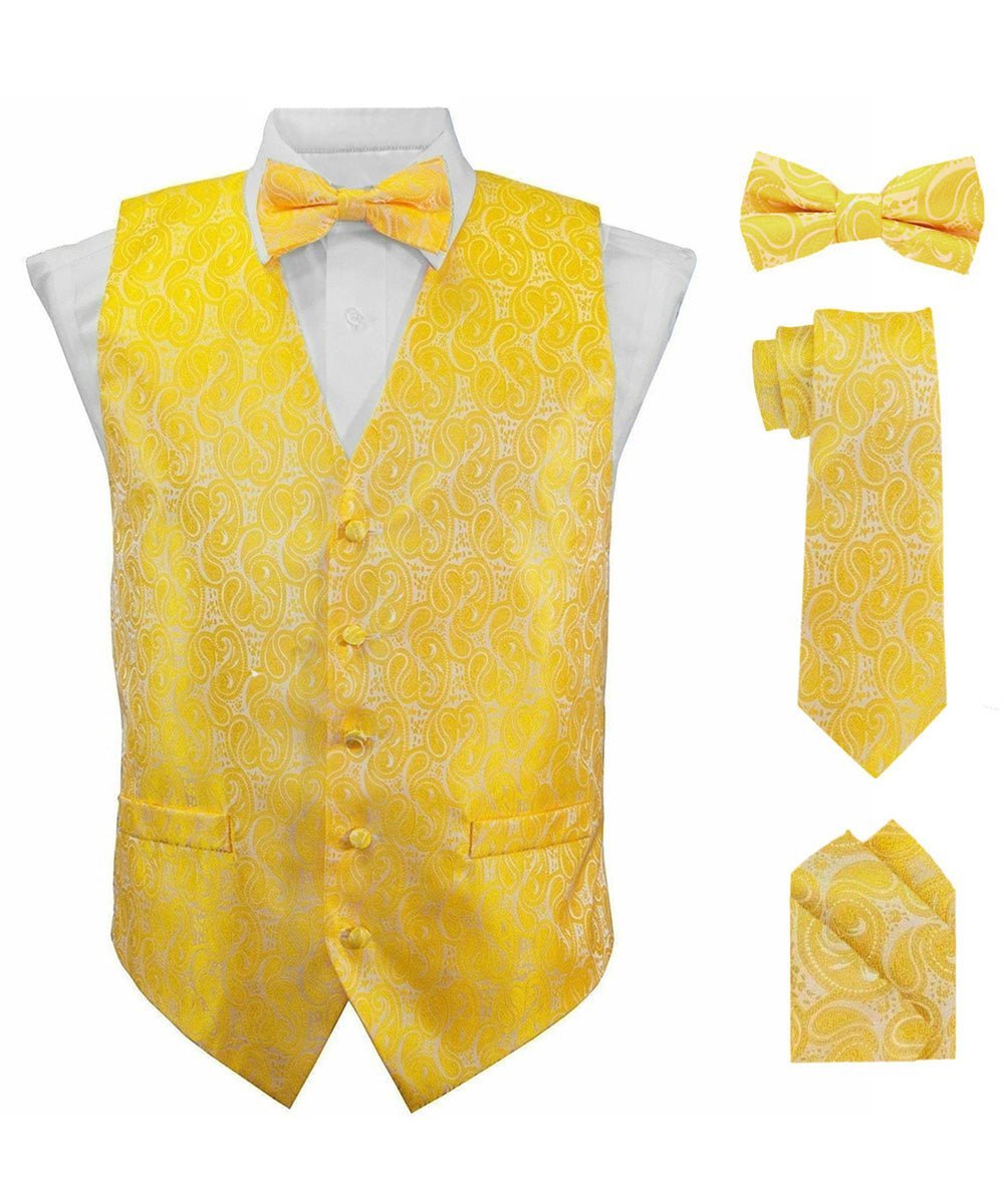 Paisley Vest Set with White Back (Vest, Bow Tie, Necktie and Pocket Square) by Vittorio Farina: Pink, Silver, Sky Blue, Turquoise, White and Yellow (vest_paisley_WB_yellow_XS) for Independent Retail Stores by Dubal Brothers