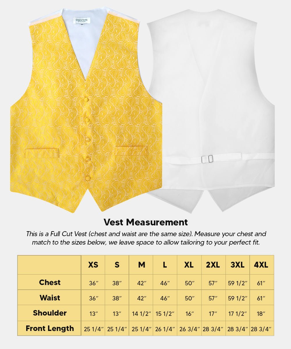 Paisley Vest Set with White Back (Vest, Bow Tie, Necktie and Pocket Square) by Vittorio Farina: Pink, Silver, Sky Blue, Turquoise, White and Yellow (vest_paisley_WB_yellow_XS) for Independent Retail Stores by Dubal Brothers