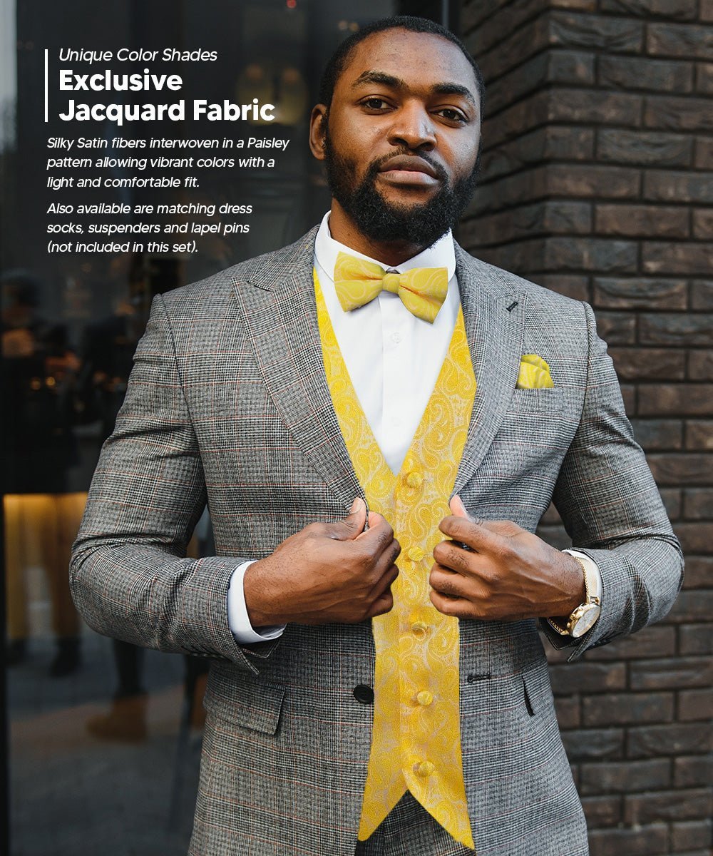 Paisley Vest Set with White Back (Vest, Bow Tie, Necktie and Pocket Square) by Vittorio Farina: Pink, Silver, Sky Blue, Turquoise, White and Yellow (vest_paisley_WB_yellow_XS) for Independent Retail Stores by Dubal Brothers