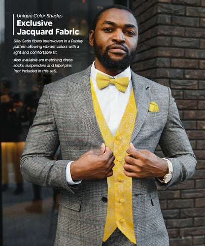 Paisley Vest Set with White Back (Vest, Bow Tie, Necktie and Pocket Square) by Vittorio Farina: Pink, Silver, Sky Blue, Turquoise, White and Yellow (vest_paisley_WB_yellow_XS) for Independent Retail Stores by Dubal Brothers