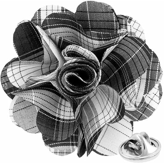Plaid Flower Lapel Pin with Metallic Silver Accent by Vittorio Vico (93 - plaid - black) for Independent Retail Stores by Dubal Brothers