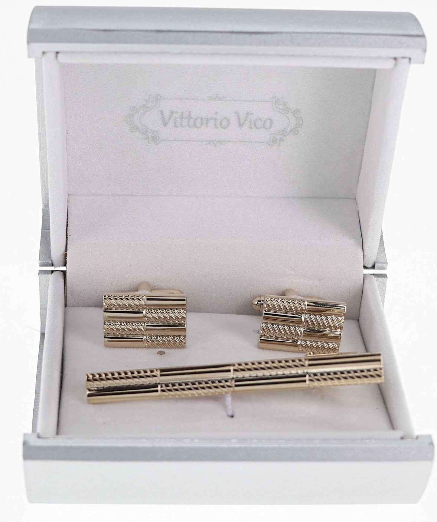 Plain Cufflinks & Tie Bar Set with Gold Setting in a Box by Vittorio Vico (CLTB-504) for Independent Retail Stores by Dubal Brothers